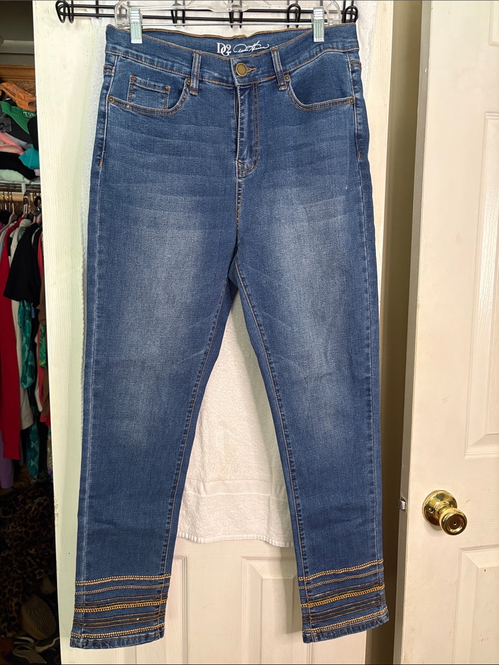 DG2 by Diane Gilman Medium Wash Blue Skinny Jeans with Hem Sequin Stitching
